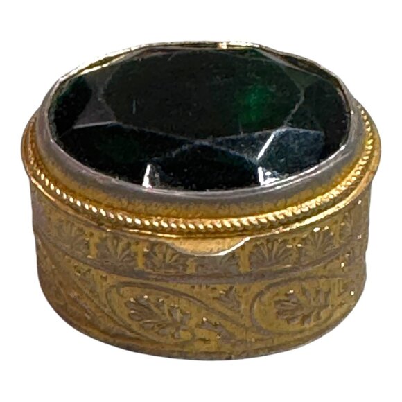 Antique Miniature Trinket Large Emerald Green Goldtone Filigree Ring Jewelry Box - Picture 1 of 12